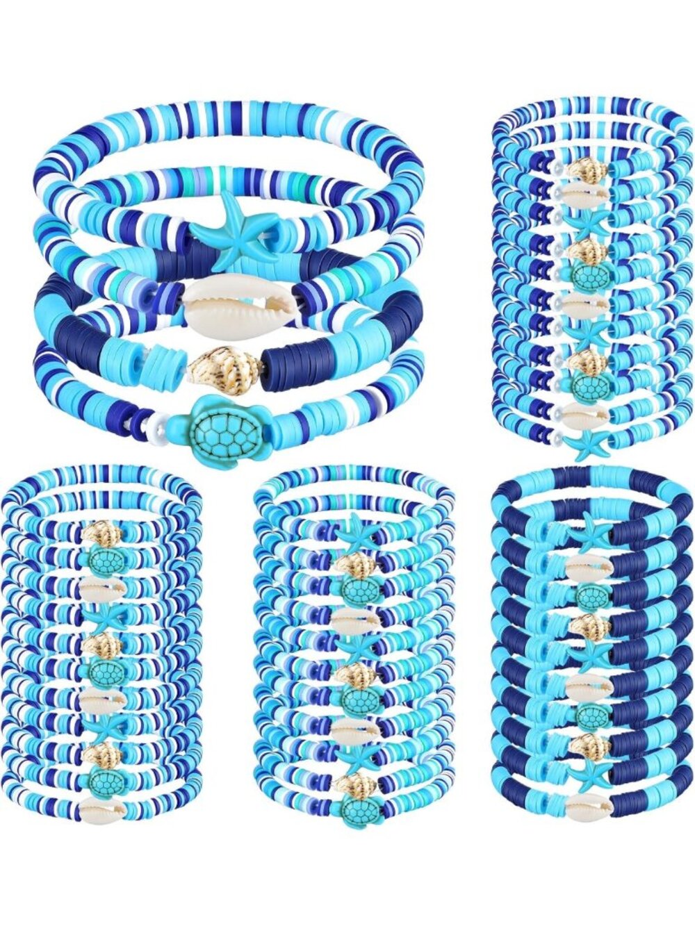 96 Pcs Ocean Beaded Bracelets Set - Polymer Clay Shells, Turtle & Starfish